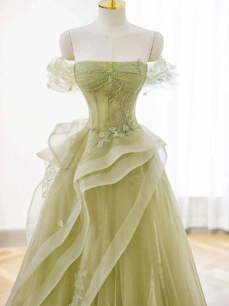 Green Off Shoulder Lace Long Prom Dress, Green Prom Dresses