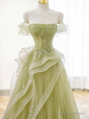 Green Off Shoulder Lace Long Prom Dress, Green Formal Dress