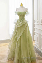Green Off Shoulder Lace Long Prom Dresses, Green Formal Dresses