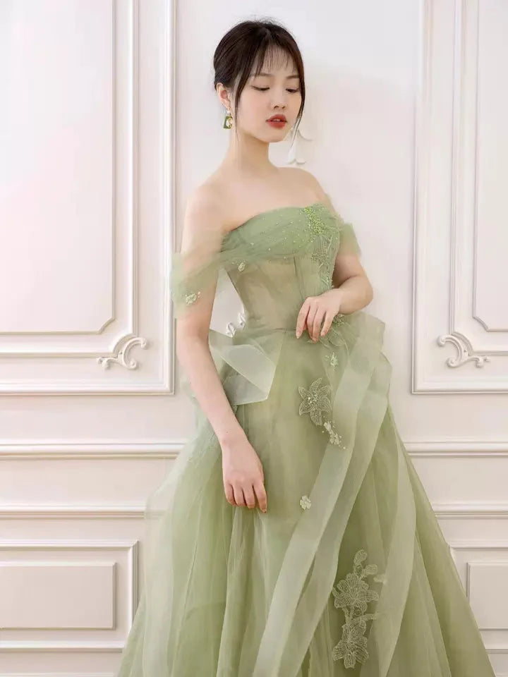 Green Off Shoulder Lace Long Prom Dress, Green Prom Dresses