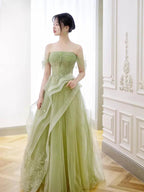Green Off Shoulder Lace Long Prom Dress, Green Prom Dresses