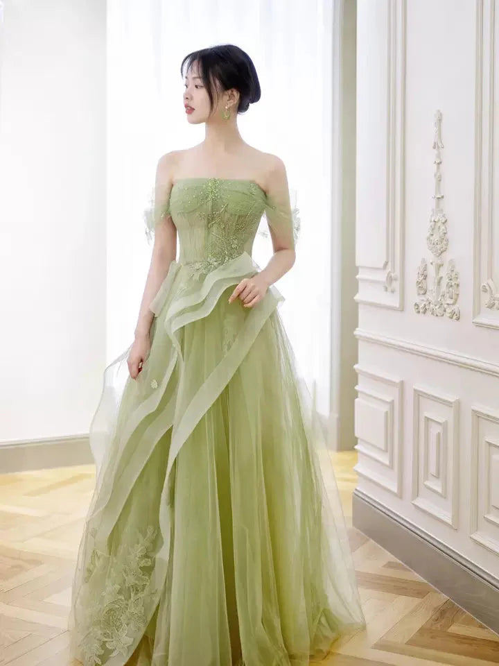 Green Off Shoulder Lace Long Prom Dress, Green Prom Dresses