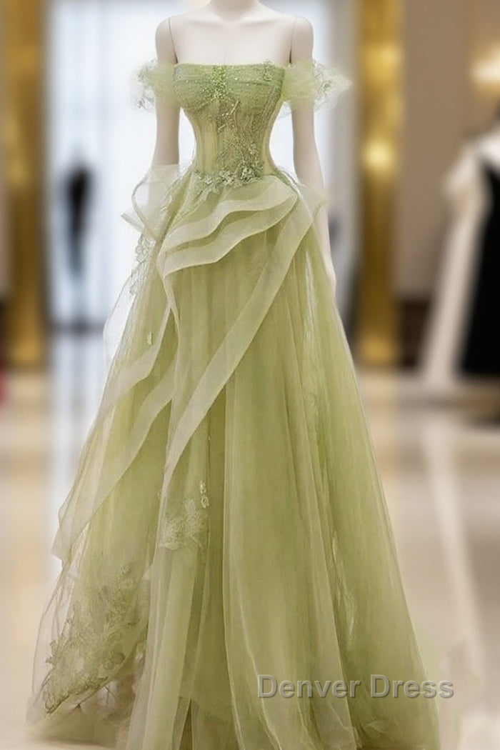 Green Off Shoulder Lace Long Prom Dresses, Green Formal Dresses Main image