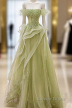 Green Off Shoulder Lace Long Prom Dresses, Green Formal Dresses