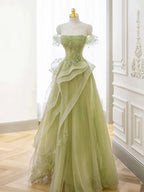 Green Off Shoulder Lace Long Prom Dress, Green Prom Dresses