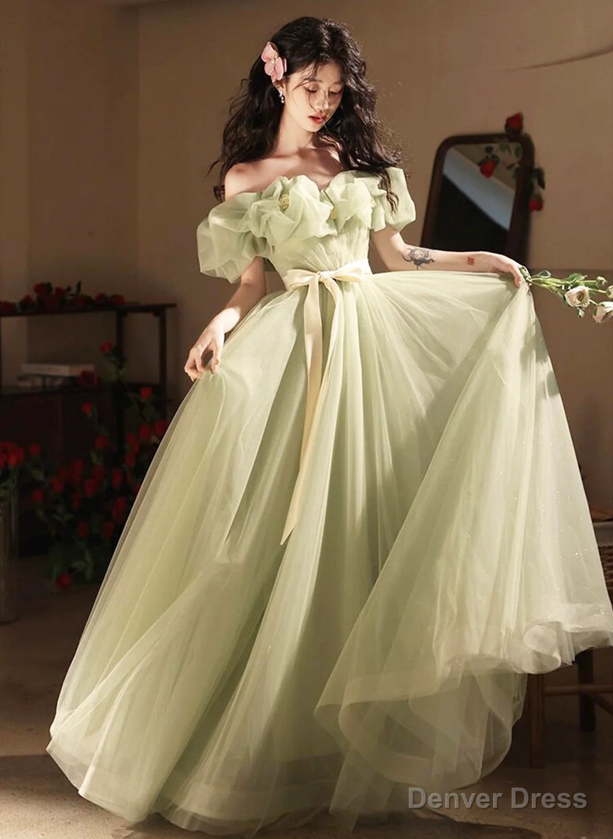 Green Off Shoulder Tulle A-line Floor Length Party Dress, Green Tulle Prom Dress Secondary image