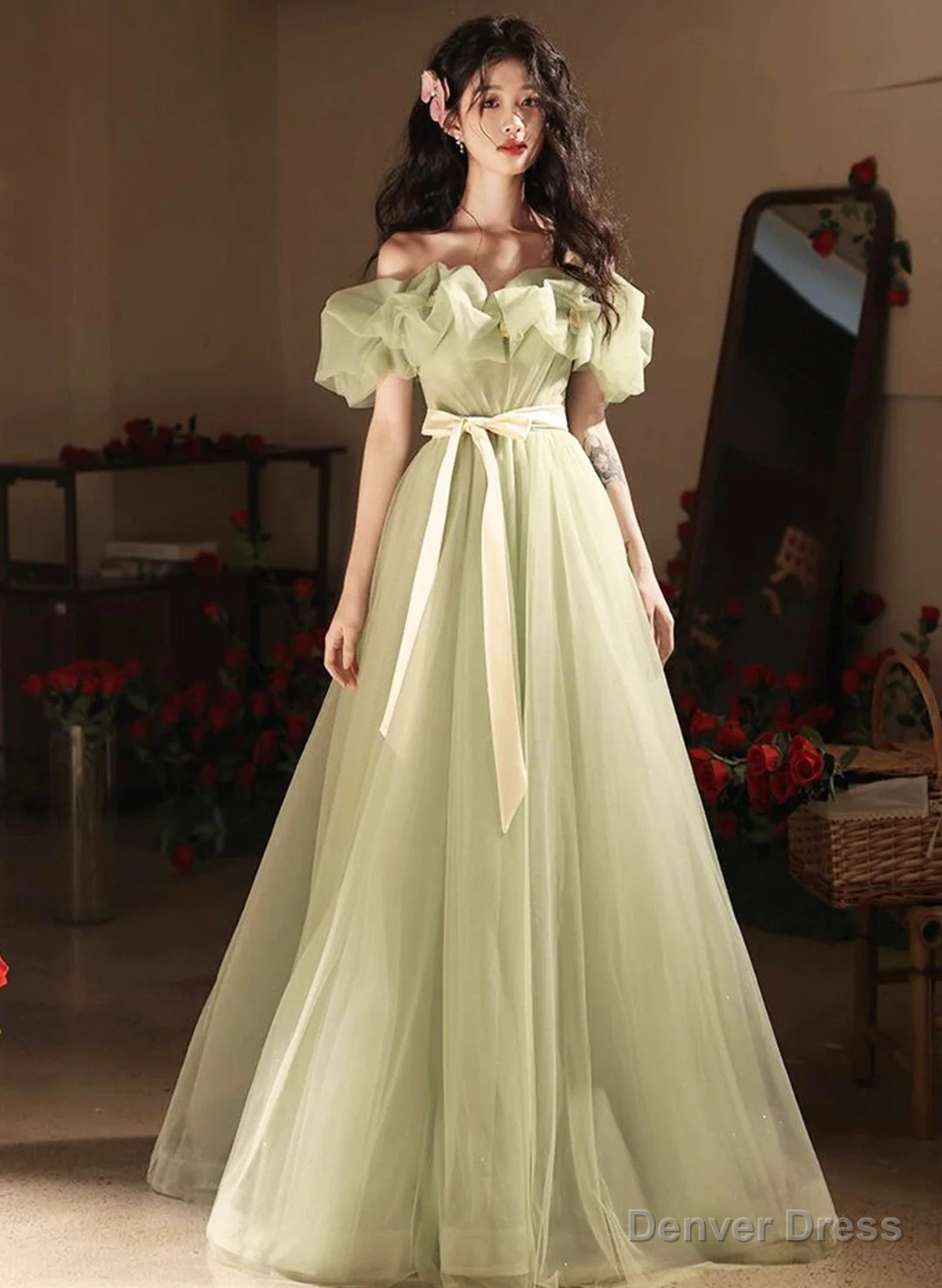Green Off Shoulder Tulle A-line Floor Length Party Dress, Green Tulle Prom Dress Main image