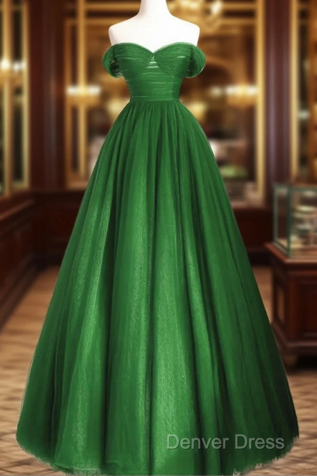 Green Off Shoulder Tulle A-Line Long Party Dresses, Green A-Line Prom Dresses Main image