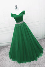 Green Off Shoulder Tulle Beaded A Line Prom Dress, Green Floor Length Long Prom Dresses