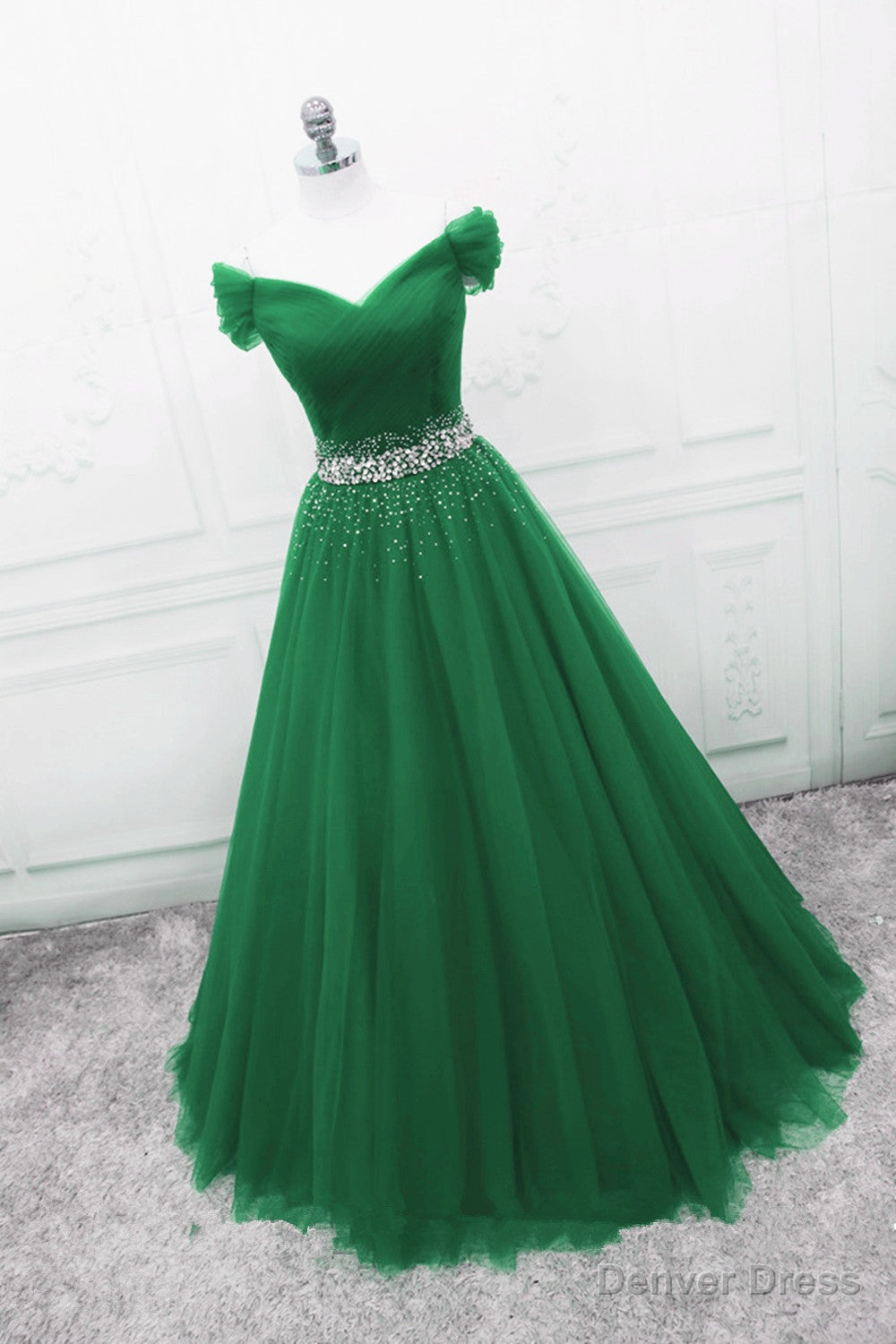 Green Off Shoulder Tulle Beaded A Line Prom Dress, Green Floor Length Long Prom Dresses