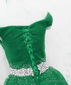 Green Off Shoulder Tulle Beaded A Line Prom Dress, Green Floor Length Long Prom Dresses