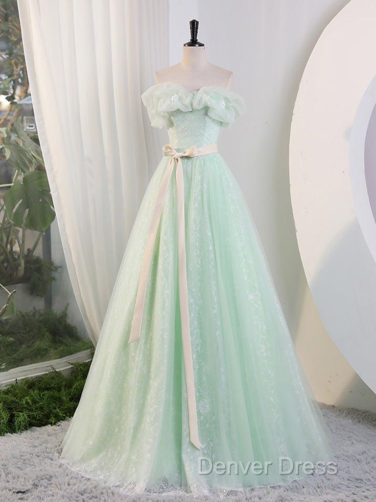 Green Off Shoulder Tulle Green Long Prom Dresses, Green Lace Long Sweet 16 Dresses Secondary image