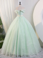 Green Off Shoulder Tulle Green Long Prom Dresses, Green Lace Long Sweet 16 Dresses