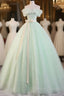 Green Off Shoulder Tulle Green Long Prom Dresses, Green Lace Long Sweet 16 Dresses