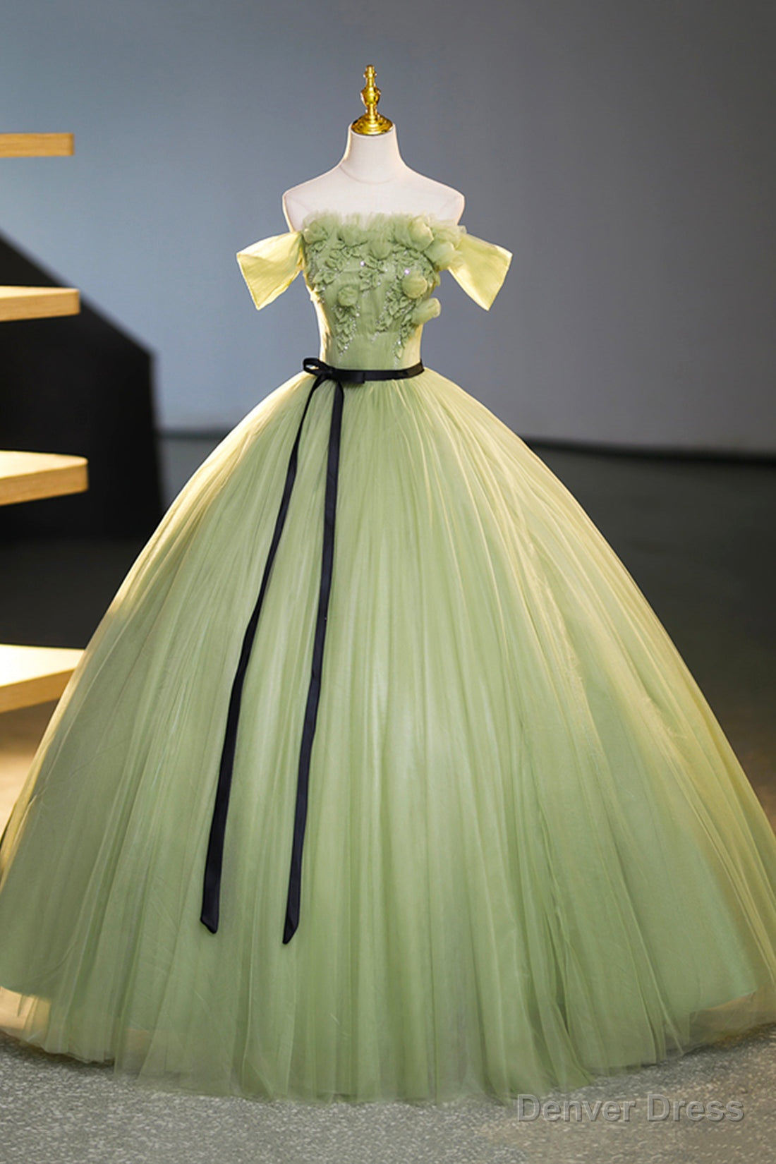 Green Off Shoulder Tulle Long Prom Dress, A Line Prom Dresses