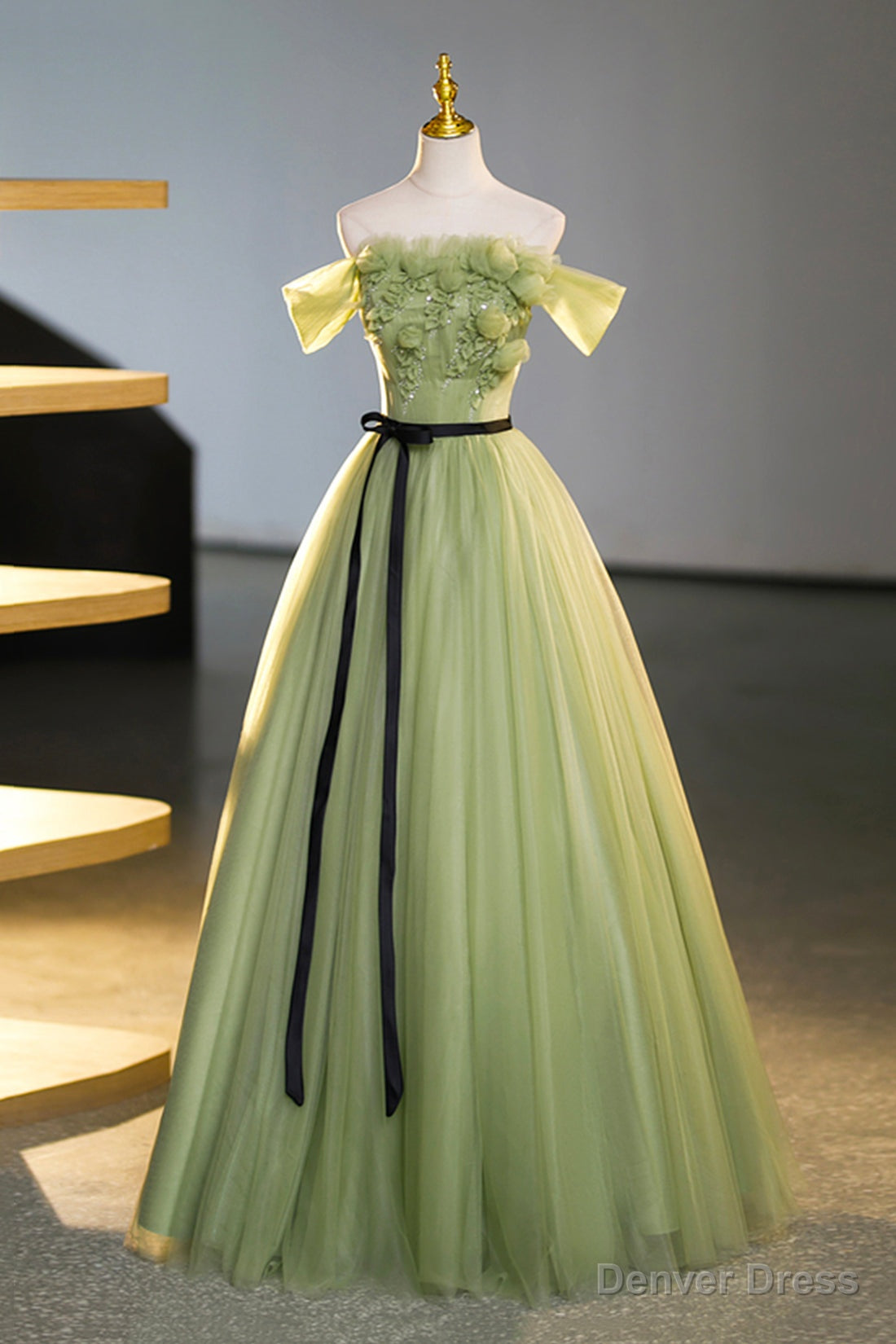 Green Off Shoulder Tulle Long Prom Dress, A Line Prom Dresses