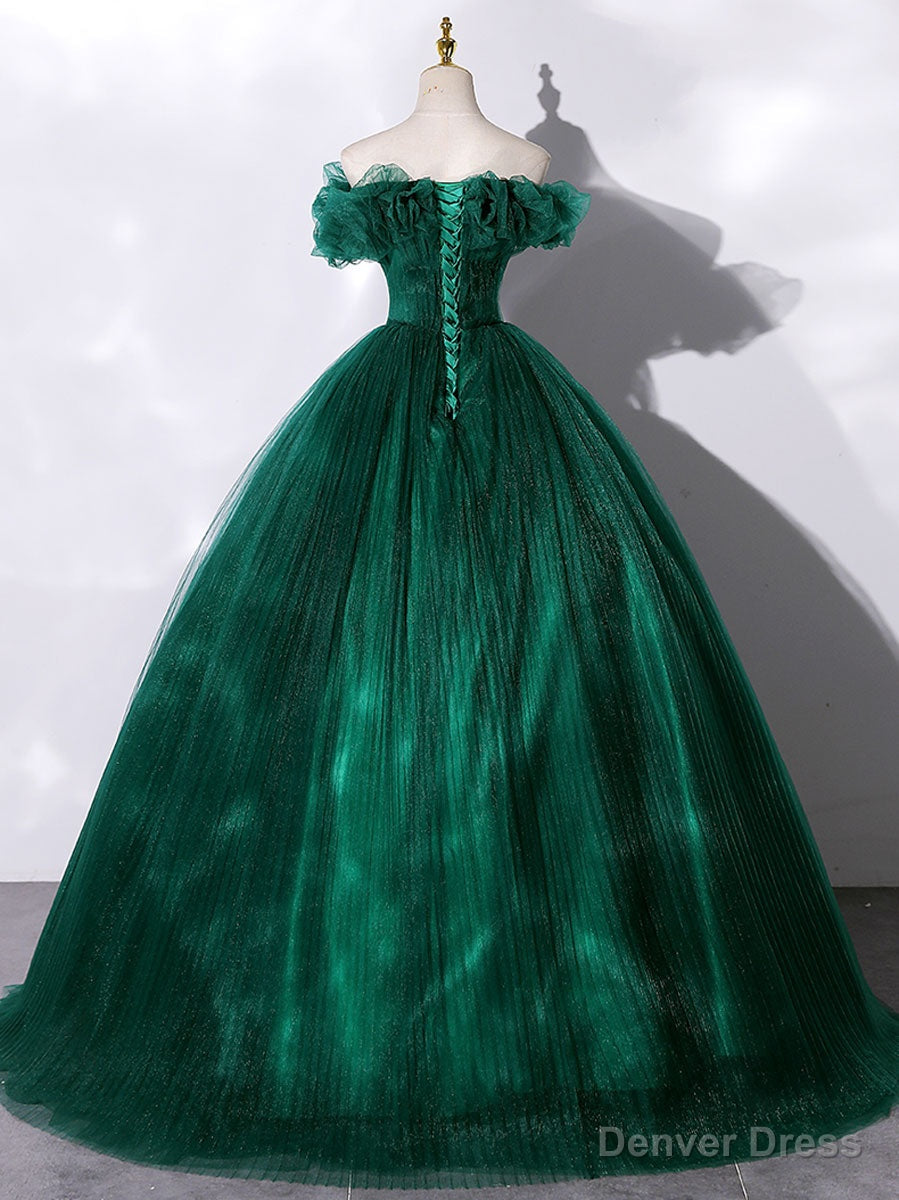 Green Off Shoulder Tulle Long Prom Dress, Green Sweet 16 Dress
