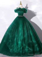 Green Off Shoulder Tulle Long Prom Dress, Green Sweet 16 Dresses