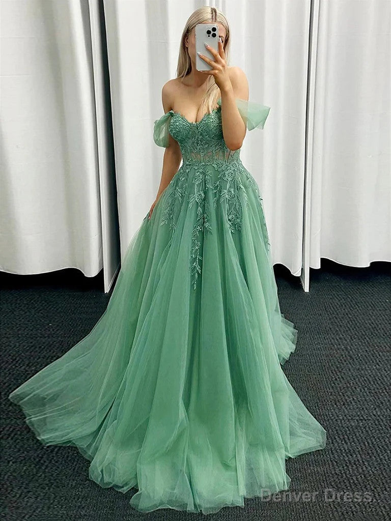 Green Off Shoulder Tulle Prom Dress with Lace Applique, Green Sweetheart Party Dress Main image