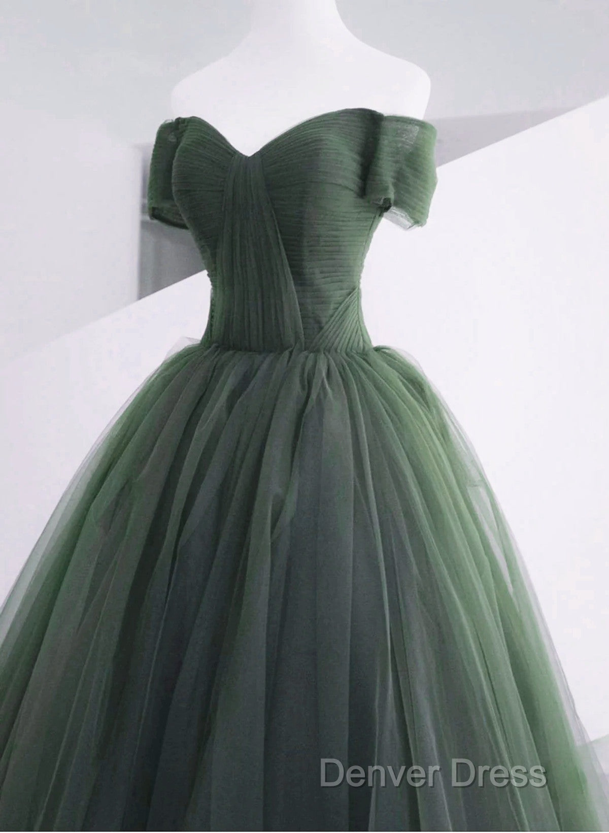 Green Off Shoulder Tulle Sweetheart Long Party Dresses, Green Tulle Evening Dresses Prom Dresses
