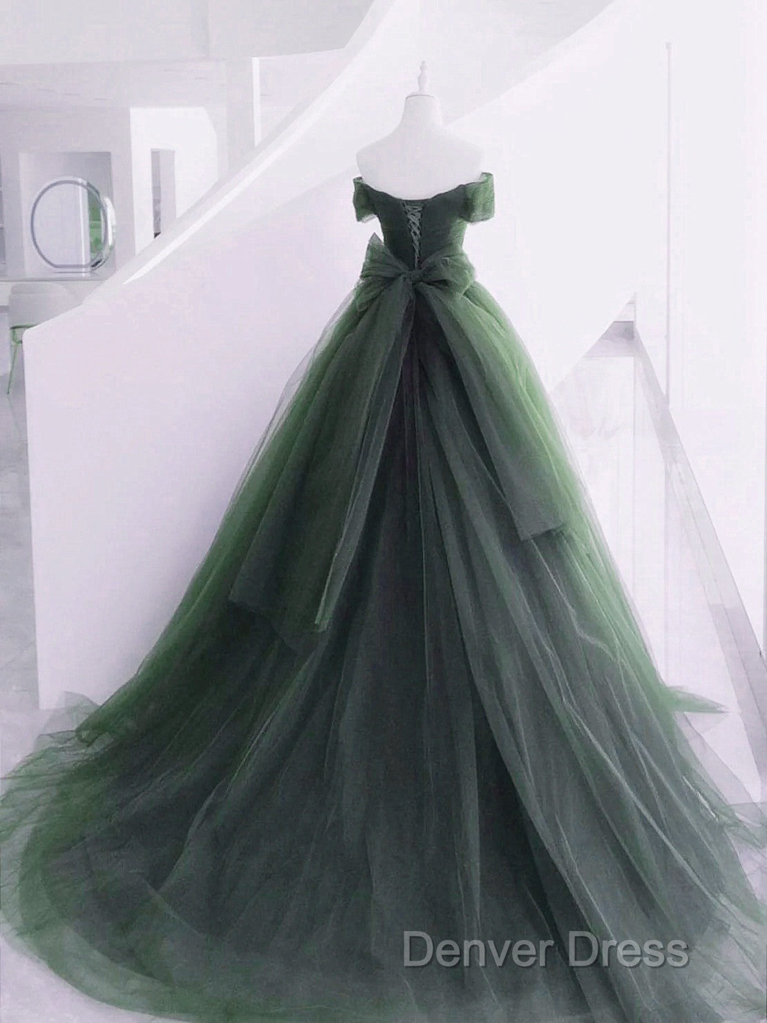 Green Off Shoulder Tulle Sweetheart Long Party Dresses, Green Tulle Evening Dresses Prom Dresses