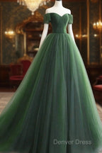 Green Off Shoulder Tulle Sweetheart Long Prom Dress, Green Tulle Prom Dress