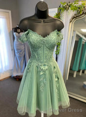 Green Off Shoulder Tulle With Beaded Short Party Dress, Green Homecoming Dress