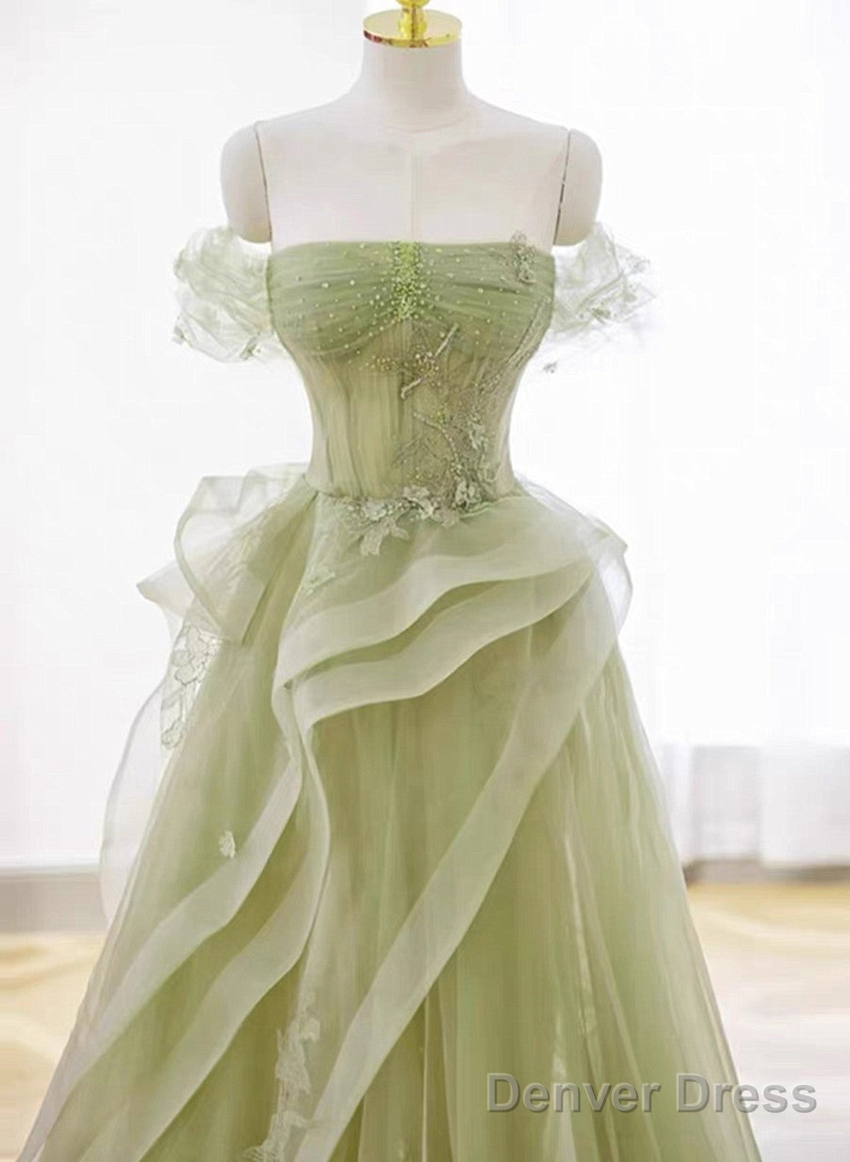 Green Off Shoulder Tulle With Lace A-Line Prom Dress, Green Long Formal Gown Secondary image