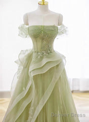 Green Off Shoulder Tulle With Lace A-Line Prom Dress, Green Long Formal Gown
