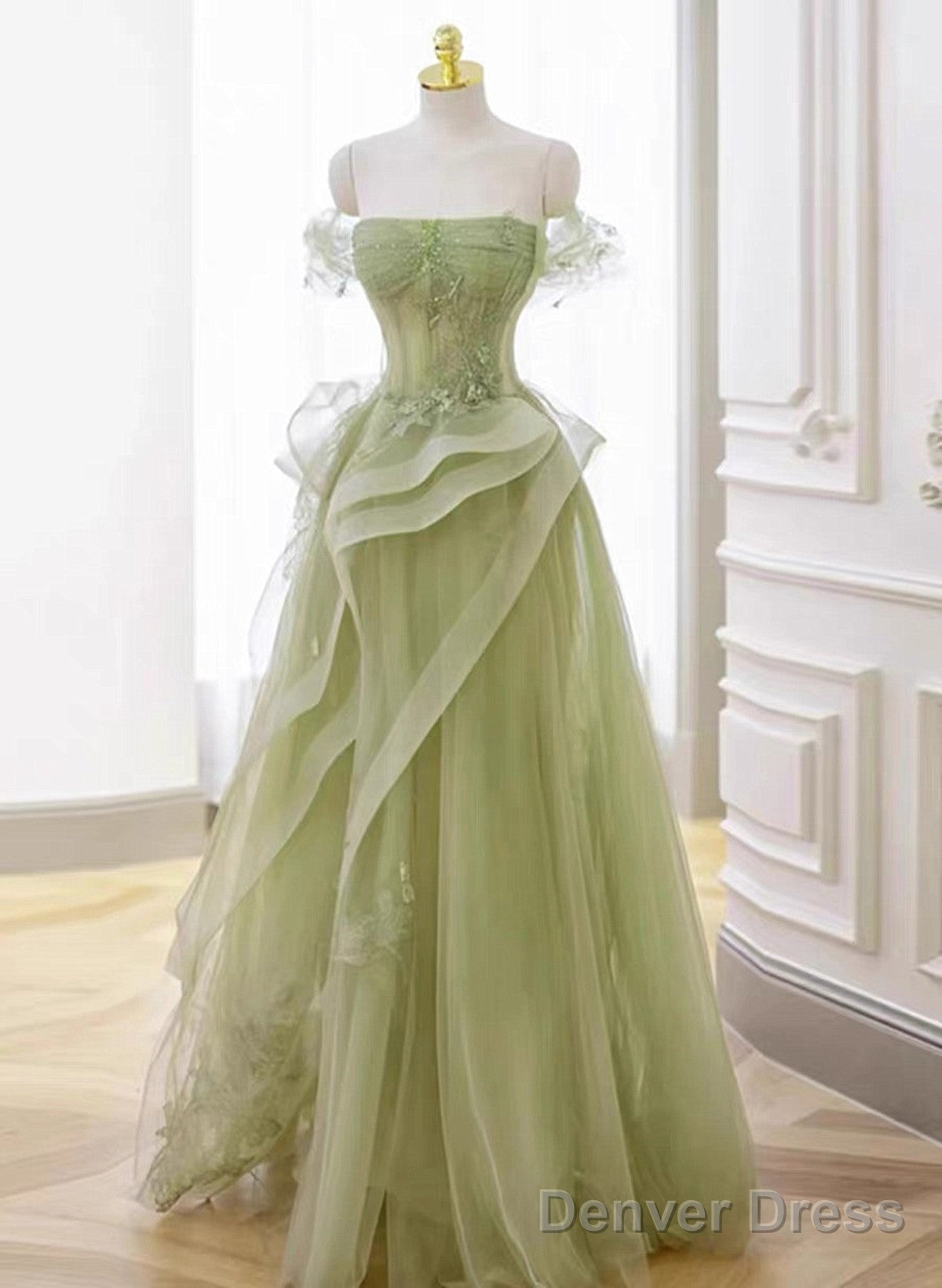 Green Off Shoulder Tulle With Lace A-Line Prom Dress, Green Long Formal Gown