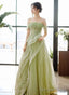 Green Off Shoulder Tulle With Lace A-Line Prom Dress, Green Long Formal Gown