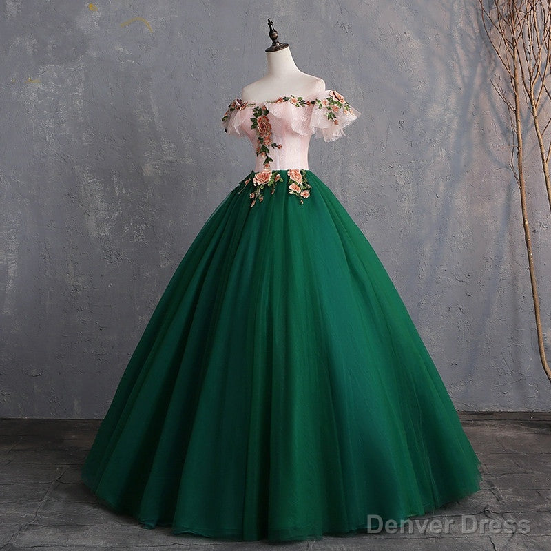 Green Off Shoulder Tulle with Lace Formal Gown, Green Evening Sweet 16 Dresses Secondary image