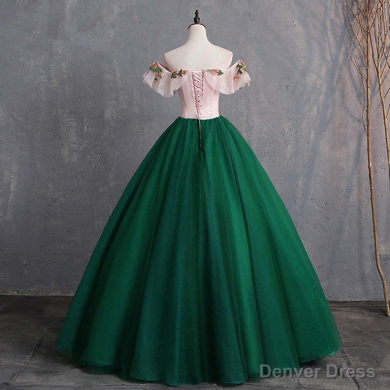Green Off Shoulder Tulle with Lace Prom Gowns, Green Prom Sweet 16 Dresses
