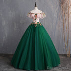 Green Off Shoulder Tulle with Lace Formal Gown, Green Evening Sweet 16 Dresses