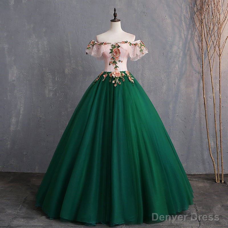 Green Off Shoulder Tulle with Lace Prom Gowns, Green Prom Sweet 16 Dresses