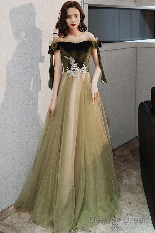Green Off Shoulder Velvet And Tulle Long Evening Dress With Lace, Long Prom Dresses
