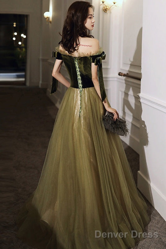 Green Off Shoulder Velvet And Tulle Long Evening Dress With Lace, Long Prom Dresses