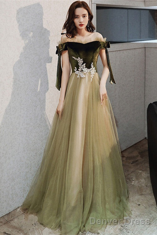 Green Off Shoulder Velvet And Tulle Long Evening Dress With Lace, Long Prom Dresses Main image