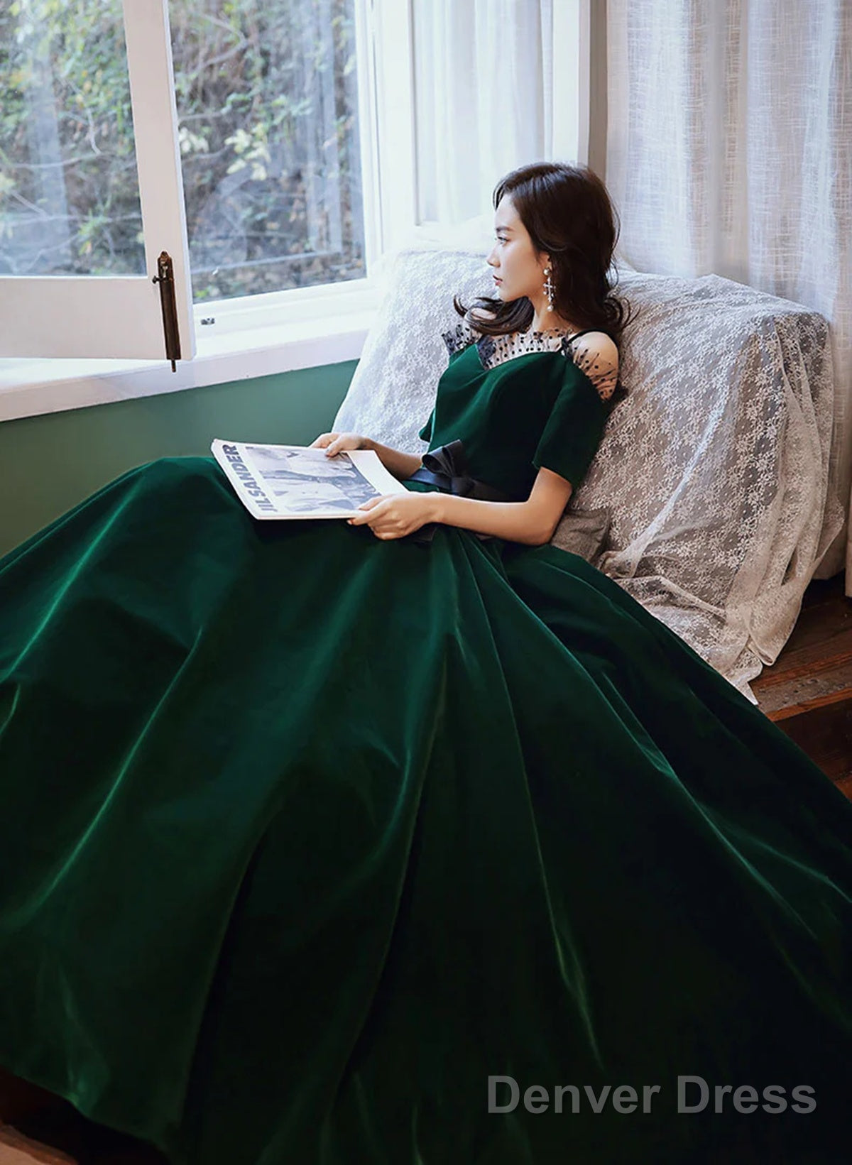 Green Off Shoulder Velvet Long Party Dress, Sweetheart Velvet Prom Dress Evening Dress