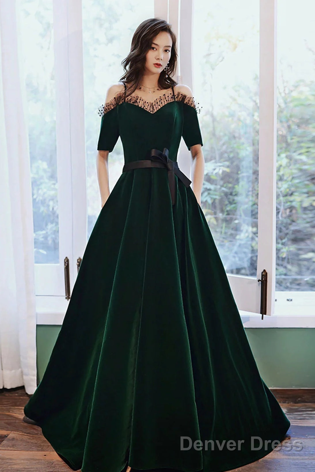 Green Off Shoulder Velvet Long Party Dress, Sweetheart Velvet Prom Dress Evening Dress