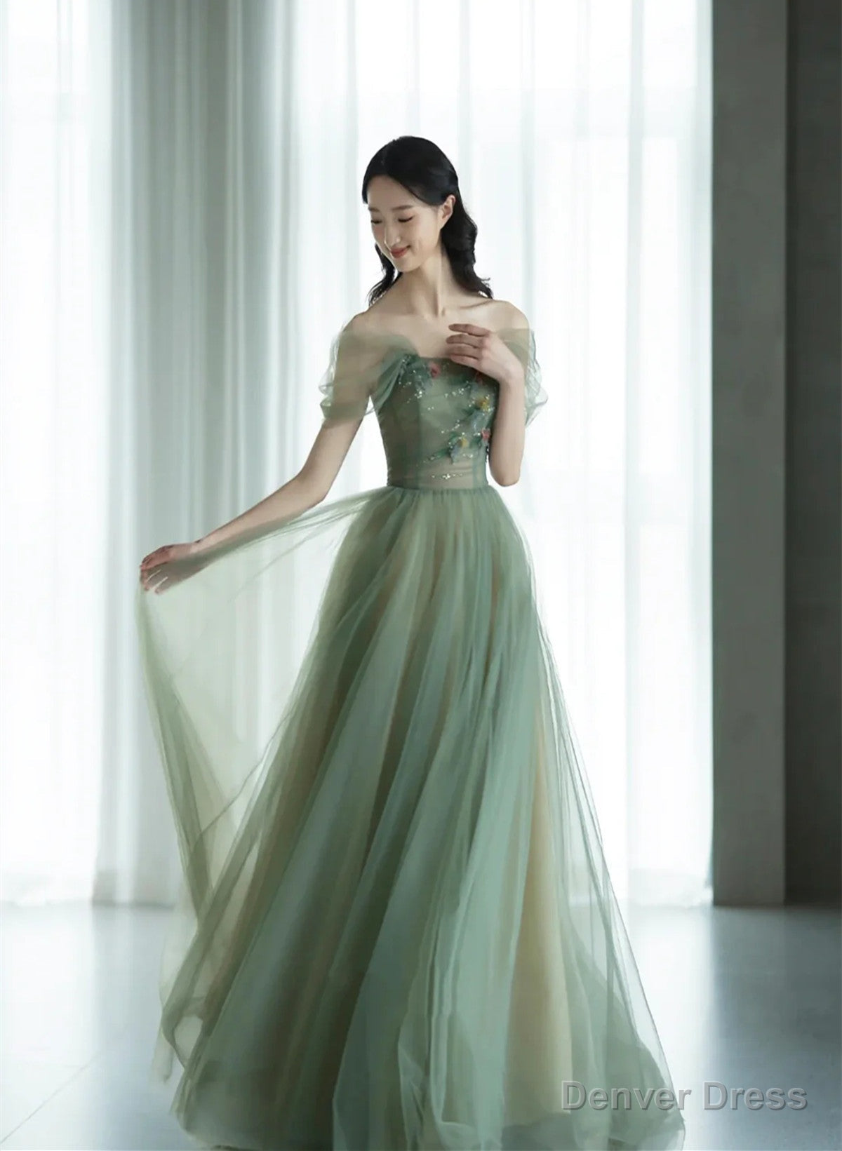 Green Off Shoulder with Flowers Tulle Long Party Dress, Green Prom Dress Main image