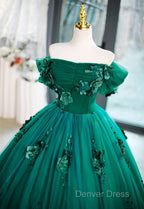 Green Off Shouldr Ball Gowns Flowers Tulle Prom Dress, Green Floor Length Prom Dresses