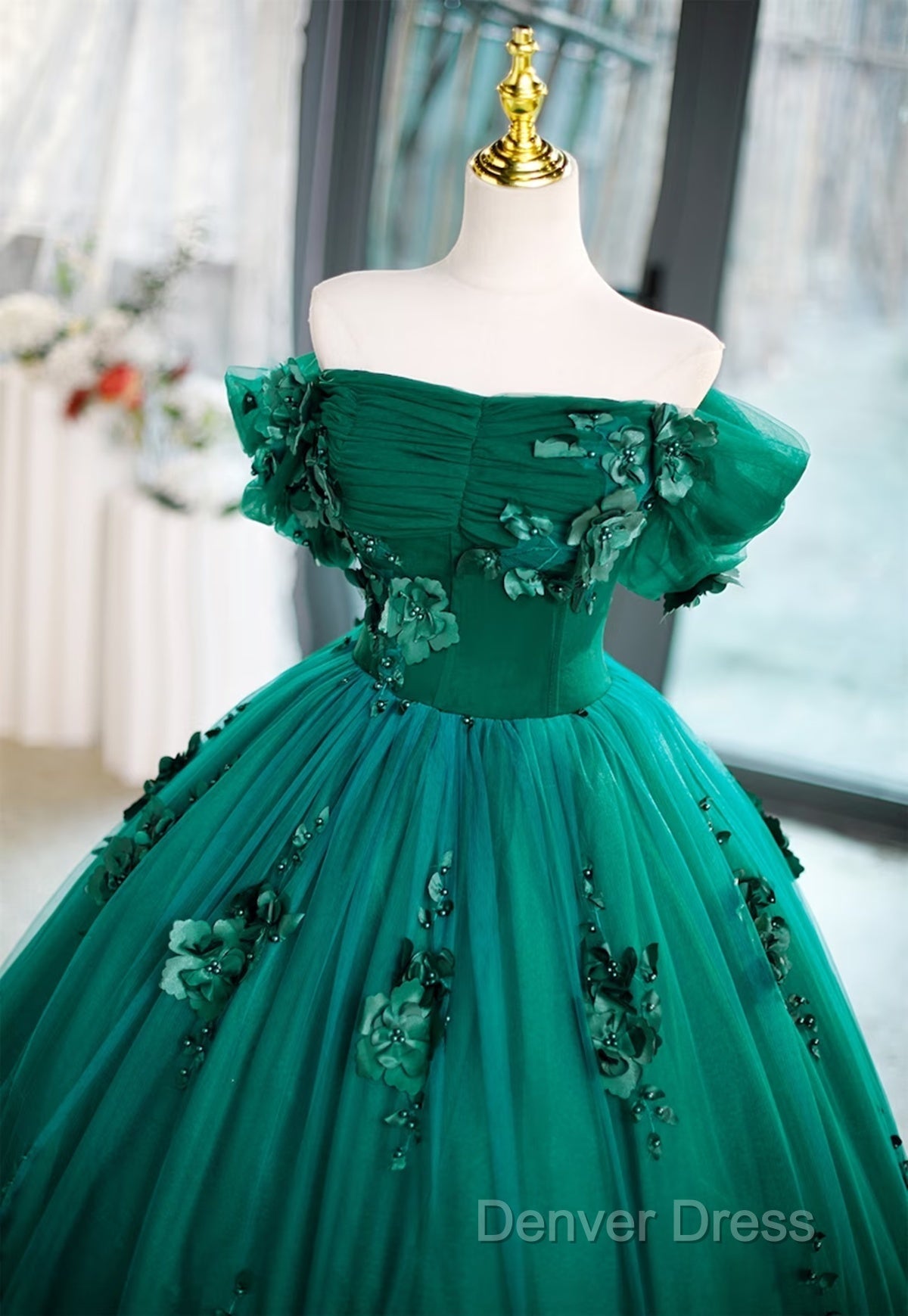 Green Off Shouldr Ball Gowns Flowers Tulle Prom Dress, Green Floor Length Prom Dresses