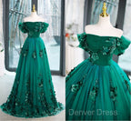 Green Off Shouldr Ball Gowns Flowers Tulle Prom Dress, Green Floor Length Prom Dresses