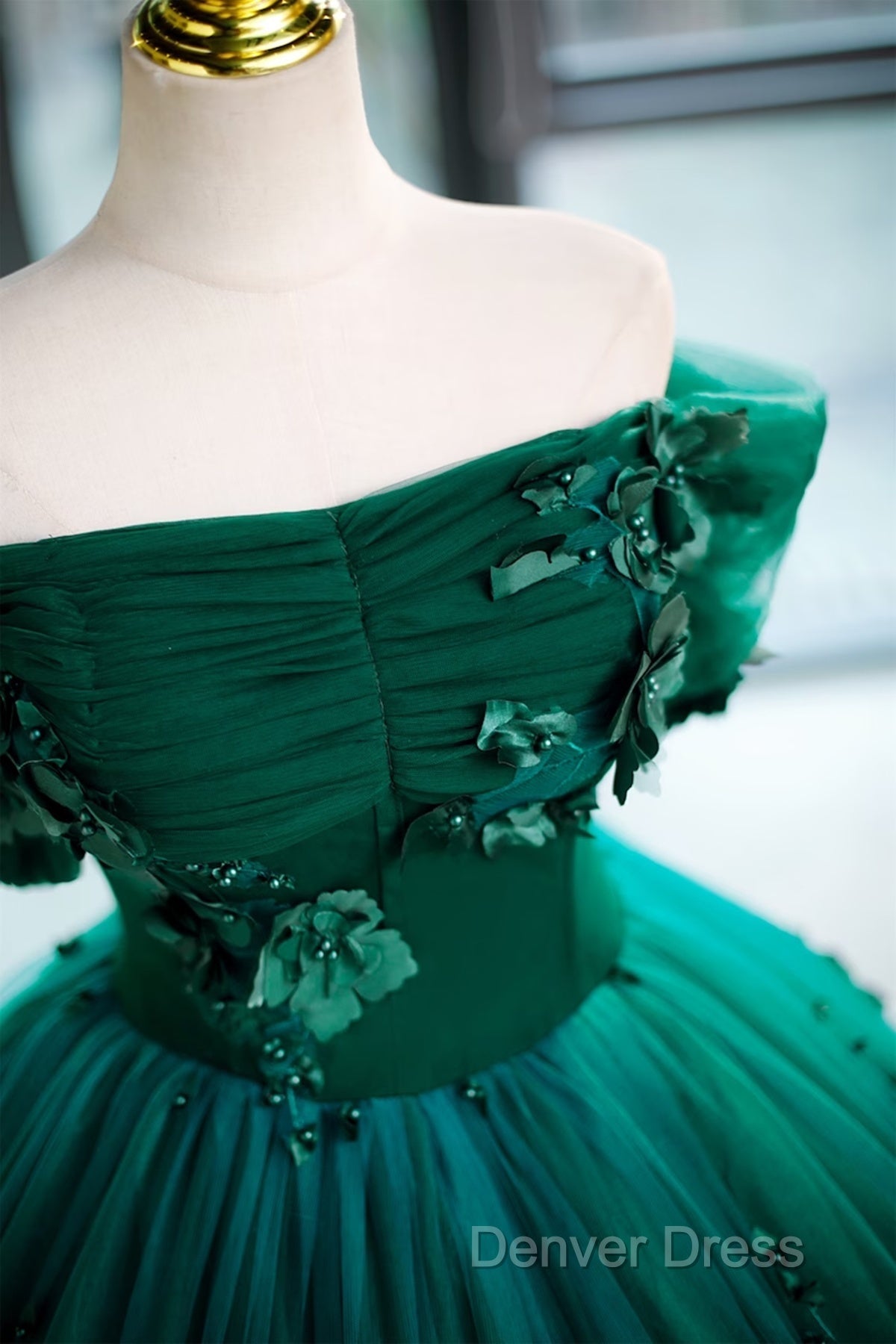 Green Off Shouldr Ball Gowns Flowers Tulle Prom Dress, Green Floor Length Prom Dresses