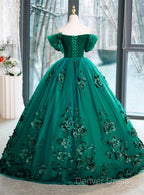 Green Off Shouldr Ball Gowns Flowers Tulle Prom Dress, Green Floor Length Prom Dresses