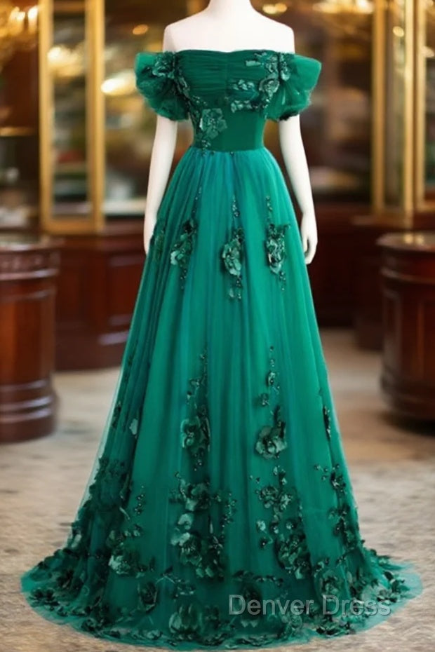 Green Off Shouldr Ball Gowns Flowers Tulle Prom Dress, Green Floor Length Prom Dresses