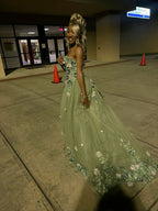 Green Strapless Long Prom Dresses With Appliques