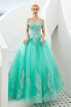 Off the Shoulder Sweetheart Applique A Line Floor Length Prom Dresses