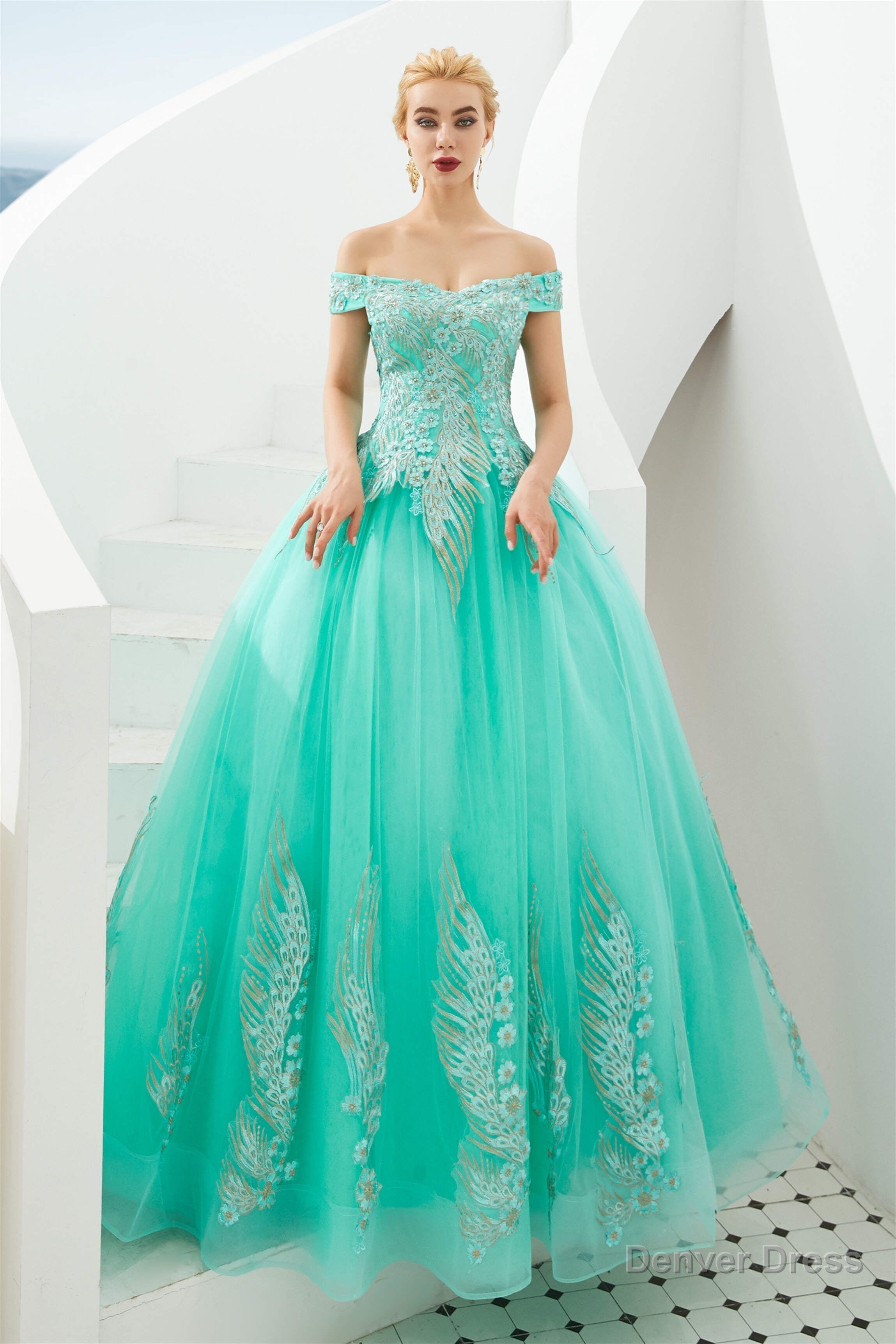 Off the Shoulder Sweetheart Applique A Line Floor Length Prom Dresses